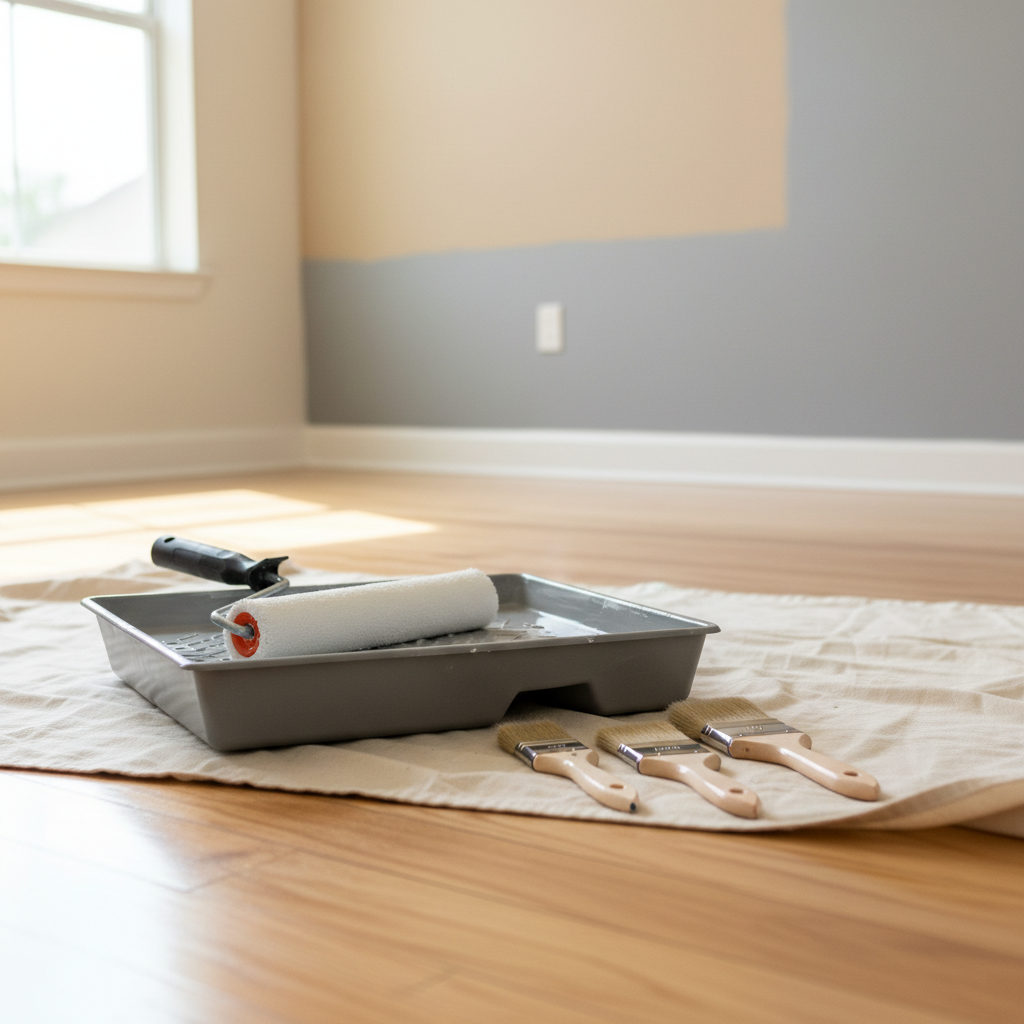 A close-up, photographic realism image of a professional painting setup in a pristine Orlando interior, without showing any people. A high-quality paint roller with a clean, thick white cover rests on a metal roller tray filled with smooth, creamy light-gray paint. Next to it, three neatly arranged paintbrushes with wooden handles sit on a protective canvas drop cloth spread over hardwood flooring. In the background, a partially painted wall transitions from its original beige to a fresh, even coat of modern gray, softly blurred to keep focus on the tools. Bright, diffused natural daylight from a nearby window highlights the paint’s texture and creates gentle reflections on the metal tray, conveying readiness, professionalism, and reliability.