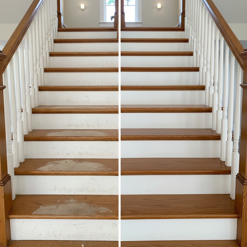 A detailed before-and-after split scene of a residential wooden staircase in Orlando, rendered in photographic realism. The left half shows worn, scratched treads, scuffed off-white risers, and dull, faded handrail. The right half reveals the completed renovation: rich, medium-toned oak treads with smooth satin finish, crisp bright-white risers, and a freshly stained, glossy handrail. The dividing line is subtle but clear, running vertically through the center step. Soft, even indoor lighting from recessed ceiling lights illuminates both sides equally, emphasizing the transformation. Shot at eye level from the base of the stairs, with sharp focus and balanced composition, creating a compelling visual story of renovation quality and dramatic improvement.