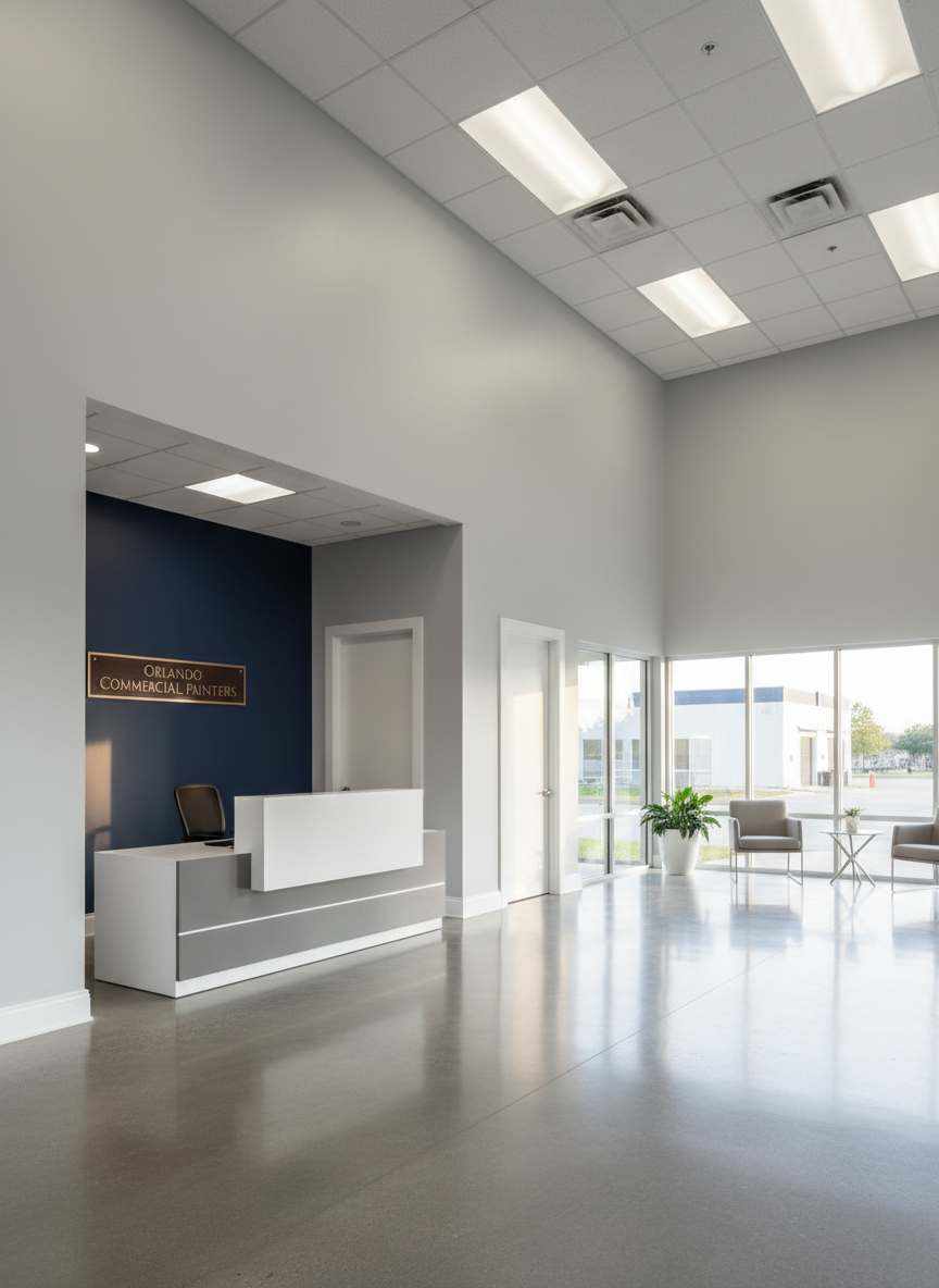 A professional commercial office lobby in Orlando with freshly painted, perfectly even light gray walls, featuring a bold, smooth navy blue feature wall behind a minimalist reception desk. The paint finish is matte with no imperfections, showcasing clean lines around door frames and trim. The floor is polished concrete, subtly reflecting the walls’ colors. Overhead recessed lighting and soft natural light from large front windows combine to create a bright, evenly lit environment with controlled shadows. Photographic realism from a slightly elevated perspective, wide composition capturing multiple walls and corners to emphasize coverage and quality. The mood is modern, professional, and trustworthy, ideal for representing commercial painting services.
