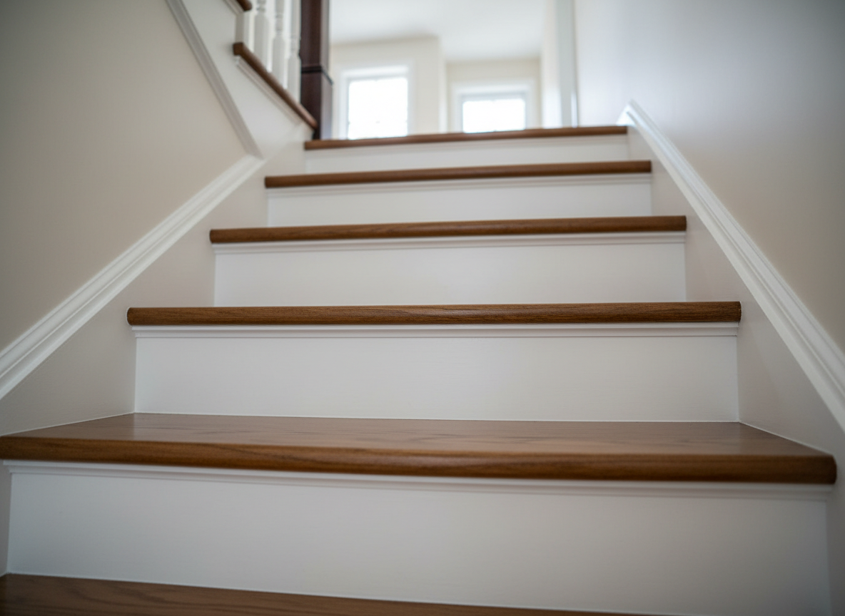 A close-up, photographic realism shot of an interior staircase mid-renovation, focusing on perfectly refinished wooden treads with visible fine grain and a satin finish, paired with newly painted pure-white risers and stringers. The banister showcases a rich, dark stain with smooth, polished texture. The staircase curves slightly upward into a softly blurred upper hallway. Natural diffused daylight from an unseen side window highlights the contrast between the warm wood and cool white paint, creating gentle, directional shadows. Captured from a low angle looking upward, with shallow depth of field that keeps the first few steps razor sharp, conveying precision craftsmanship, professionalism, and attention to detail in stairs renovation.