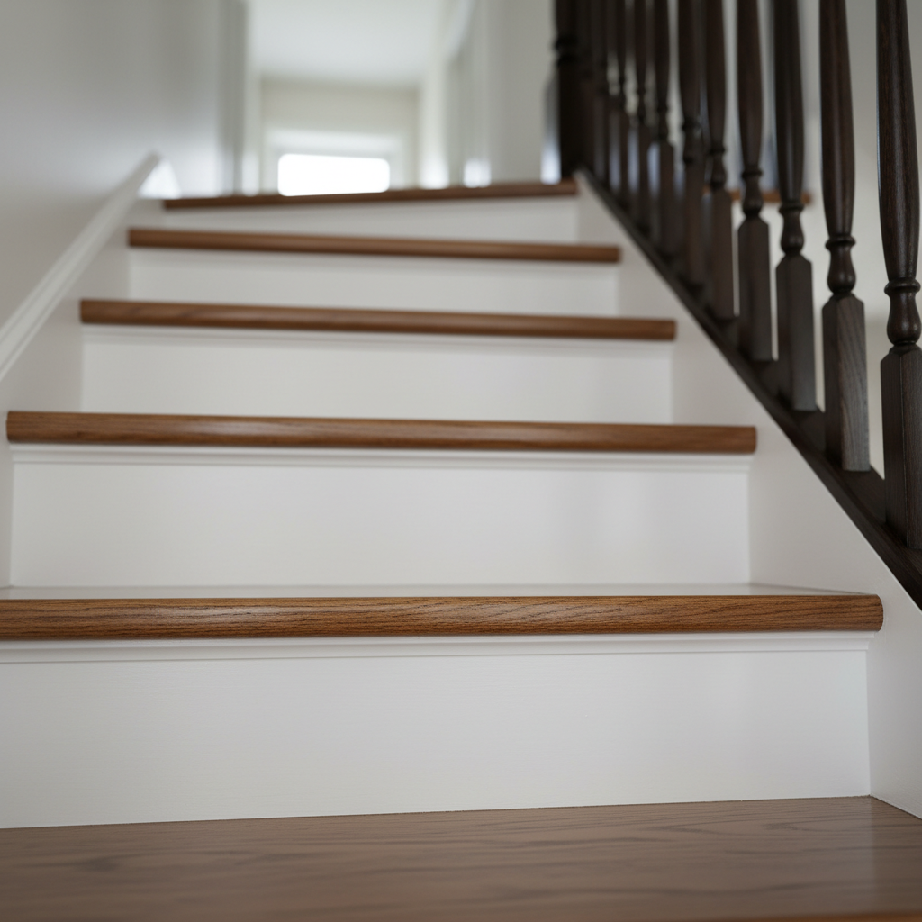 A close-up, photographic realism shot of an interior staircase mid-renovation, focusing on perfectly refinished wooden treads with visible fine grain and a satin finish, paired with newly painted pure-white risers and stringers. The banister showcases a rich, dark stain with smooth, polished texture. The staircase curves slightly upward into a softly blurred upper hallway. Natural diffused daylight from an unseen side window highlights the contrast between the warm wood and cool white paint, creating gentle, directional shadows. Captured from a low angle looking upward, with shallow depth of field that keeps the first few steps razor sharp, conveying precision craftsmanship, professionalism, and attention to detail in stairs renovation.