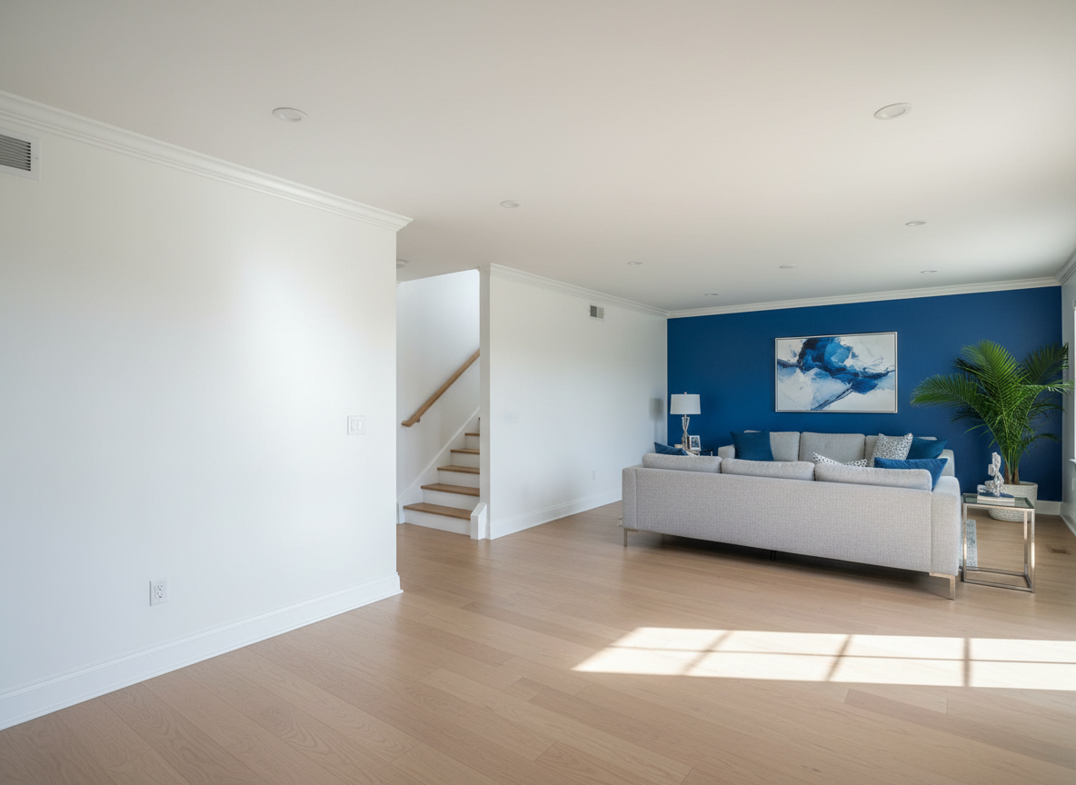 A freshly painted, modern Orlando living room interior featuring crisp, smooth eggshell-white walls with a subtle sheen, contrasted by one bold deep-blue accent wall. Detailed baseboards and crown molding show perfectly clean paint lines and sharp edges. The room includes a light oak staircase in the background with neatly finished white risers and natural wood treads. Soft afternoon natural light streams through an unseen window, casting gentle shadows that emphasize the flawless paint finish. Photographic realism, shot at eye level with a wide-angle lens, sharp focus throughout, and a clean, professional atmosphere that feels bright, inviting, and meticulously finished, ideal for a residential painting service homepage hero image.