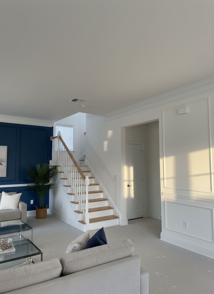 A freshly painted, modern Orlando living room interior featuring crisp, smooth eggshell-white walls with a subtle sheen, contrasted by one bold deep-blue accent wall. Detailed baseboards and crown molding show perfectly clean paint lines and sharp edges. The room includes a light oak staircase in the background with neatly finished white risers and natural wood treads. Soft afternoon natural light streams through an unseen window, casting gentle shadows that emphasize the flawless paint finish. Photographic realism, shot at eye level with a wide-angle lens, sharp focus throughout, and a clean, professional atmosphere that feels bright, inviting, and meticulously finished, ideal for a residential painting service homepage hero image.