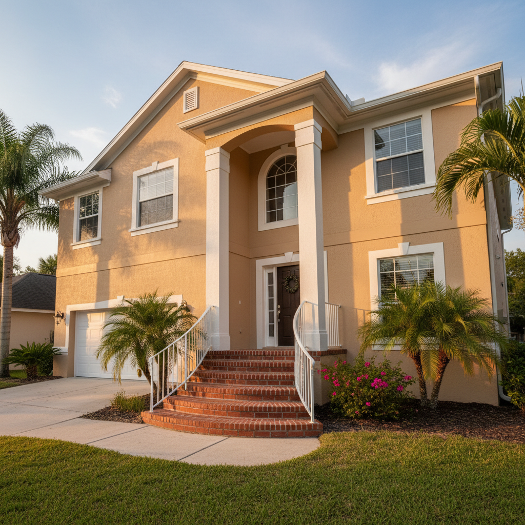 A dramatic, photographic realism image of an exterior two-story Orlando home with freshly painted facade at golden hour. The stucco walls display a flawless, warm light-sand color with subtle texture, accented by clean, crisp white trim around windows and roofline. A decorative front staircase with newly refinished brick steps and freshly painted white railings leads up to the entrance, showing sharp lines and even coverage. The low, warm sunlight casts soft shadows under eaves and along the steps, enhancing depth and surface quality. Captured from a slightly low angle with a wide lens, the composition emphasizes the home’s height and curb appeal, conveying a sense of pride, durability, and high-end exterior painting and stair renovation services.